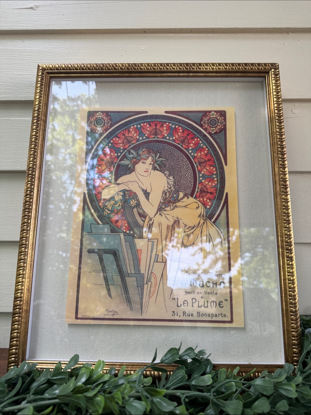 Vintage Art Nouveau Alphonse Mucha Framed Print with Floral Medallion